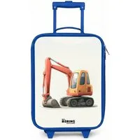 NoBoringSuitcases.com© Kinderkoffer Blau - mit leuchtende Räder - Bagger - Signiert - Orange, 2 Rollen, Handgepäck Koffer, Trolley Kinder, Reisekoffer Jungen
