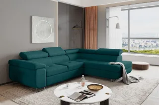 Ecksofa Sofa JADE Stoff Matt Velvet Türkis mit Schlaffunktion Ottomane Rechts