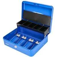 HMF Geldkassette 15230-05 Geldkassette abschließbar mit Münzeinsatz, und 4 Scheinfächer mit Klammer 30 x 24 x 9 cm Blau