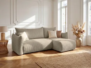 Ecksofa Schlafsofa MAILAND XS in Stoff Tilia Taupe Ottomane Rechts