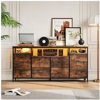 GarveeMore TV-Schrank Industrieller Sideboard Mehrzweckschrank Kommode mit 10 Schubladen Media-Board Stauraumschrank mit Steckdose, USB-Anschluss & RGB-LED