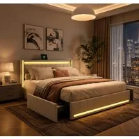 Simurq Polsterbett 160x200cm LED-Kopfteil 4 Schubladen USB Beige (USB-Ladeanschluss), LED‑Kopfteil,4 Schubladen,USB,Beige,Lattenrost