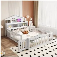 Flieks Kinderbett, Holzbett Bodenbett Hausbett 140x200cm mit Stauraum und Kreidetafel