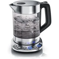 Arendo Wasserkocher aus Glas & Edelstahl, Temperatureinstellung, Basisstation, Rauchglas, 1,5 l, 2200 W, Temperatureinstellung 70° - 100° C, Warmhaltefunktion, Borosilikatglas