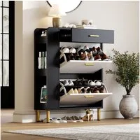 Flieks Schuhschrank mit 2 Klappen, 1 Schubladen und 3 offenen Seitenablage (1-St., B80/T24/H105 cm) Schuhregal Schuhkipper Schuhkommode mit Metallbeine, Schwarz&Weiß
