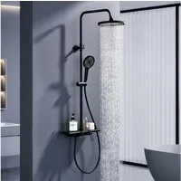 HOMELODY Duschsystem Schwarz Matt 250mm Regendusche Wasserfall Handbrause Ablage, Regendusche Duschset mit Ablage Handbrause 5 Funktionen