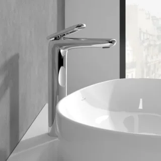 Villeroy und Boch Antao Zweiloch-Waschtischarmatur TVW11100500061 erhöht, mit Push-Open-Ablaufgarnitur, chrom