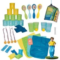 alldoro Spiel XXL Kinderparty-Set, 42 Teile, Dosenwerfen, Sackhüpfen, Eierlauf usw., 6 Spiele für Kindergeburtstag, drinnen & draußen, Kinder ab 3 Jahre