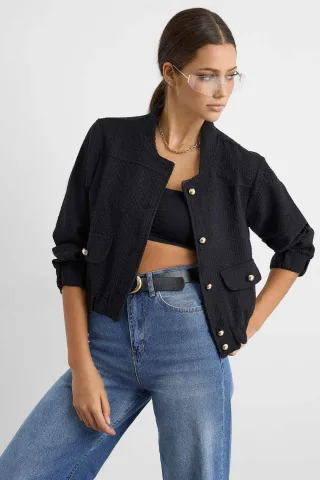 Tweed Rundhalsjacke mit Taschendetail