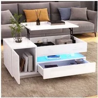 Merax Couchtisch anhebbarer Sofatisch hochglanz Beistelltisch mit LED-Beleuchtung (hydraulische Hebefunktion, modern & funktional, 1-St., Höhenverstellbare Tischplatte), Wohnzimmertisch mit Schublade, Schrank & versteckter Stauraum