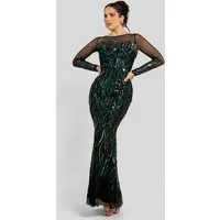 Goddiva Maxikleid Long Sleeve Sequin Flame Maxi Langes Kleid, Samt, Rundhals