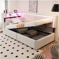 Merax Daybett 90x200cm mit LED-Beleuchtung und USB-Ladeanschluss (Tagesbett Jugendbett Einzelbett Sofabett aus Samtstoff, 1 tlg), Polsterbett Schlafsofa mit hydraulischem Stauraum, Kopfteil mit Ablage
