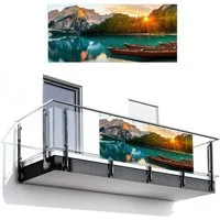 MuchoWow Balkonsichtschutz See - Berge - Sonnenuntergang - Boot (1-St) Balkon Sichtschutz 90x200, Windschutz für Zaun PVC, 200x90 cm