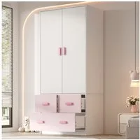 STILVORA Kleiderschrank 2-türiger Kinderkleiderschrank mit Kleiderstange, Weiß und Rosa (Kleiderschrank 2-türig, mit Stange, 3 Schubladen, Weiß+Rosa, Holzwerkstoff, stabil, Kippschutz, 80×48×180cm, langlebig) für Kinderzimmer, Schlafzimmer, Jugendzim
