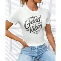 RMK T-Shirt Damen Freizeitshirt Bluse Top kurzarm Rundhals mit "Only Good Vibes" aus Baumwolle