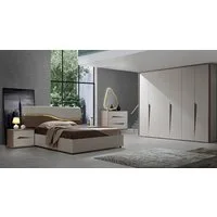 Interdesign24 Schlafzimmer-Set Sole, (6-Teilig, im ausgefallenem Design inkl. Bett mit Kopfteilpolsterung), in Cremefarben/Holzoptik