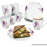 MamboCat Frühstücks-Geschirrset MamboCat Viola 12tlg Frühstücksset Porzellan Blume Kuchenteller Becher, Porzellan