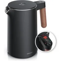 Arendo Wasserkocher Edelstahl, Doppelwand, Temperatureinstellung 40° - 100 °C mit Anzeige, 1,5 l, 2200 W, Warmhaltefunktion, 360° Basis, mit Griff in Holzoptik, BPA-frei
