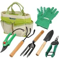 Lantelme Gartenpflege-Set für Gartenwerkzeug Grabpflege Balkonpflanzen Schrebergarten Blumentopf, Set 7 Teilig Tasche, Harke, Schaufel, Rosen- Gartenschere, Handschuhe