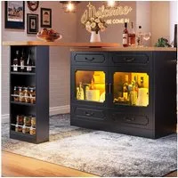 Flieks Bartisch 360° drehbar Stehtisch & Kommode mit Led-Beleuchtung und 4 Schubladen (Holzoptik Arbeitsplatte Länge 135-203 cm, 2-St., 2er Set), schwenkbar Esstisch mit Sideboard Küchenschrank Schwarz