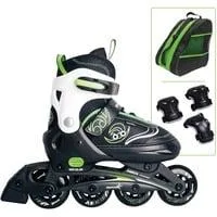 Verstellbare Kinderinliner Gr. 33-36, Inline-Skates grün/schwarz, inkl. Protektoren-Set Gr. S