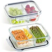 Praknu Lunchbox Meal Prep Boxen Glas 2 Fächer - 2er Set Glass Meal Prep Containers 1l, Borosilikatglas mit BPA-freiem Kunststoffdeckel und Silikon, (Set), 1000 ml Glasbehälter Ofenfest - Bento Box Zum Einfrieren - Tupper