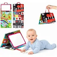Auney Lernspielzeug Lernspielzeug Baby Bauchlage Spiegel faltbar kontrastreich Sensorik (Kontrastmotive faltbar Beißring Baby Spiegel Sensorikspielzeug Stoff, Baby Sensorikspielzeug faltbarer Bauchlage Spiegel mit Beißring Set), Faltbares Spielzeug m