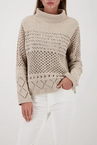 monari - Strickpullover mit Ajourmuster lattemacchiato - Gr. - 40