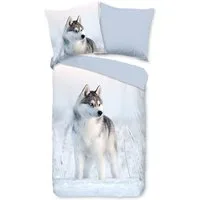 JACK Bettwäsche 135x200cm Arctic Dreams Husky Blue Eyes, Renforcé, 2 teilig, in einer wunderschönen Winterlandschaft