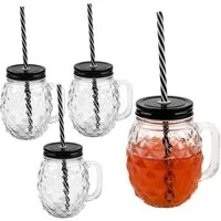 Sinoba Gläser-Set 3D Ananas Trinkglas Set Trinkgläser Garten Party Sommer Grill Deko, 4-tlg., mit Deckel und stabilem Strohhalm 450ml