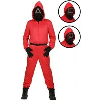 Metamorph Kostüm Squid Game Aufseher Overall Faschingskostüm Kinder, Roter Kinderoverall mit eingearbeiteter Maske der Aufseher aus der kor
