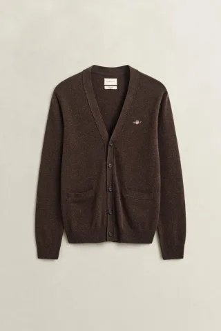 GANT - V-Neck Strickjacke aus Lambswool dark brown melange - Gr. - M