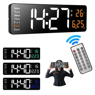 AGSIVO 16 Inch Digital Wall Clock Large LED Display with Remote Control / Automatic Brightness / Indoor Temperature / Da