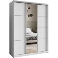Masseno Schwebetürenschrank VARO 150 cm Kleiderschrank mit Spiegel 3 Türen und 4 Schubladen Weiß