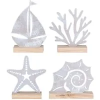 Levandeo® Dekofigur, 4er Set Aufsteller Deko Maritim Holz Metall Natur Muschel Boot Meer