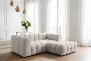 Ecksofa Designersofa SOLVIE XS in Stoff Moly Creme Ottomane Rechts