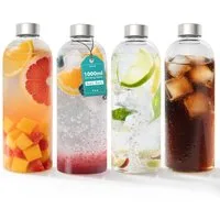 FIVMEN Trinkflasche Glasflaschen mit Deckel Bottle Luftdicht Glaswasserflasche 1000ml, 2/4/6er Glaswasserflasche Glastrinkflasche Saftflaschen inkl Bürste