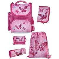 Familando Schulranzen Clou Schmetterling Schultasche, Butterfly rosa, ab 1. Klasse (Grund-Set, 5-tlg., mit Federmappe, Schlamper, Turn- & Geldbeutel), kompakt, mit 2-Wege Reißverschluss
