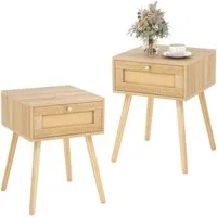 COSTWAY Nachttisch (2-St), mit Schublade und Rattan-Design, Eiche, 40x40x55cm