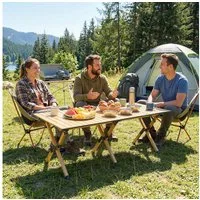 Outsunny Campingtisch mit Aufrollbare Tischplatte, Holz-Optik, Tragetasche (Klapptisch, 1-St., Falttisch), für Picknick Wandern Reisen Eiche