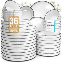 PURE LIVING INTERIOR DESIGN Geschirr-Set Pure Living »Scandi« (36-tlg), 12 Personen, Porzellan weiß, 12 Personen, Porzellan, Zeitloses skandinavisches Design, Eleganter schwarzer Rand, Minimalis…