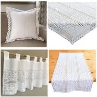 heimtexland Scheibengardine Deko Set Häkelspitze Gardine Kissen Tischdecke (1 St), Schlaufen, blickdicht, Boho Scheibengardine Makramee Spitze Häkel Bistrogardine