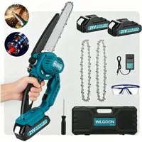 WILGOON Akku-Kettensäge 8 Zoll + 6 Zoll 2-in-1 Sägeblätter mini Bürstenlose Elektro-Kettensäge, 20 cm Schwertlänge, Set, mit 2×21V/2,0Ah Akku, 2 Ketten, Mehrfacher Sicherheitsschutz, für Garten Holz und Astscheren