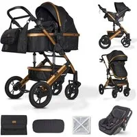 Bronea Kombi-Kinderwagen EXQUISE 2.0 Kinderwagen 3-in-1 SCHWARZ/GOLD mit BUGGY, AUTO-BABYSCHALE, HOCHWERTIGES MODELL, Wickeltasche, Regen-, Mücken- & Sonnenschutz