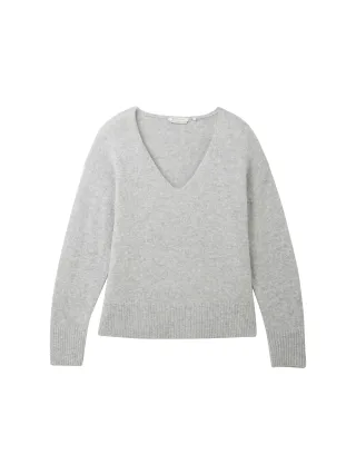 Denim Tom Tailor - Strickpullover mit V-Ausschnitt basic light grey melange - Gr. - XL