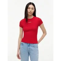 Tommy Jeans Kurzarmshirt TJW SLIM SCRIPT RIB SS TEE Baumwollmischung, slim fit, in gerippter Struktur