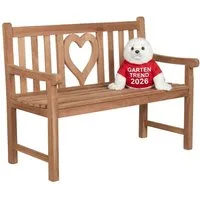 MR.DEKO Gartenbank Teak Herz 120 cm – massiv & romantisch für zwei Verliebte (2-Sitzer Bank, zerlegt geliefert, ideal für Terrasse, 1-St), Massive Sitzbank Garten und Balkon, 250 kg belastbar