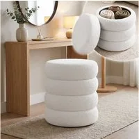 skølm Hocker Selene mit Stauraum, Sitzhocker & Polsterbank, Teddy Bouclé Stoff (creme-weiß, 42 × 42 × 47 cm), Aufbewahrungshocker mit Deckel, Polsterhocker für Schminktisch