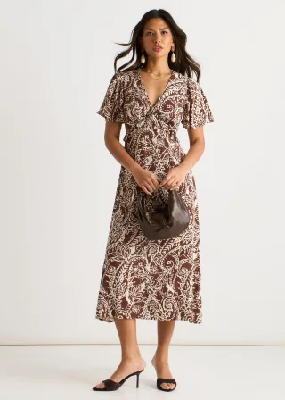 Schokoladenfarbenes Midikleid mit Paisleymuster und Rüschen