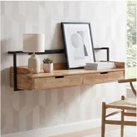 FINEBUY Schreibtisch FB117748 Wandschreibtisch 120cm Massivholz Schreibtisch Schwebend (Platzsparender Laptoptisch aus massiver Akazie), Bürotisch mit Schubladen und robustem Metallrahmen